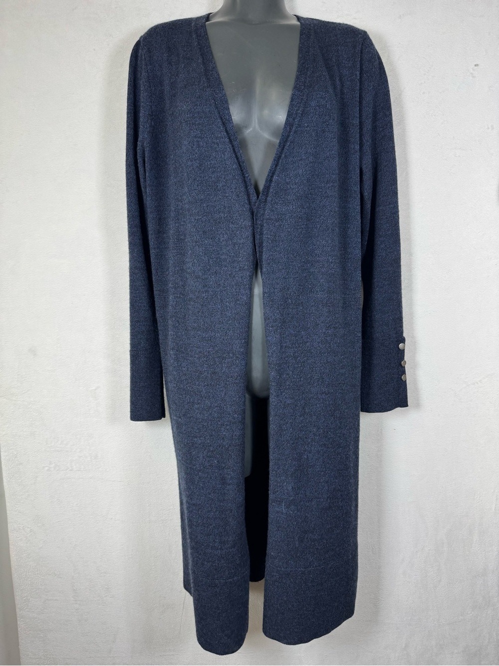 Rachel Zoe Navy Open-Front Long Cardigan with Sleeve Buttons 100% Wool Size L